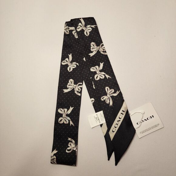 NWT Coach CAG05 Petite Bow Print Silk Skinny Scarf Black - Picture 1 of 2